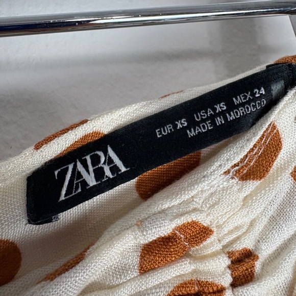 Zara Polka Dot Ruched Midi Skirt Womens XS White Brown Linen Cotton - Picture 5 of 6